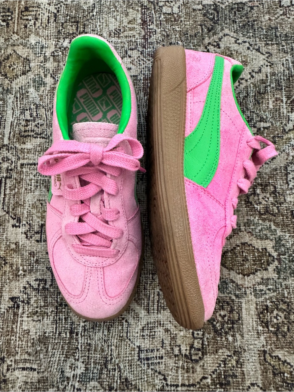 Puma Pink Suede Sneakers with Green Stripe